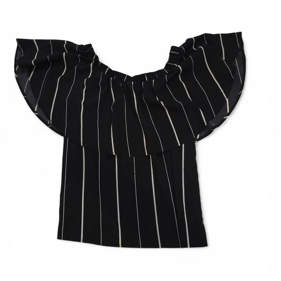 Tops - Black and White Striped Off Shoulder Top